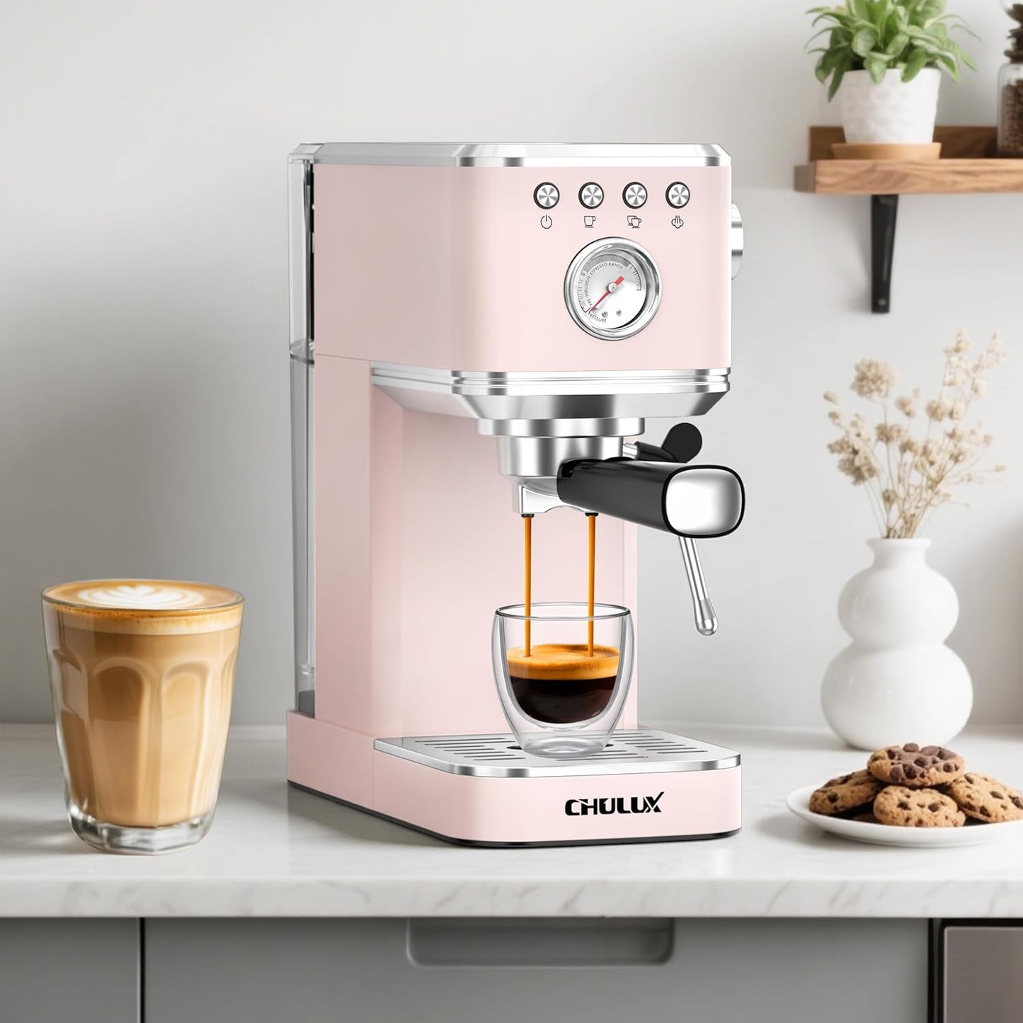 CHULUX Slim Espresso Machine with Milk Frother Steam Wand, 20 Bar Professional Italian Pump Espresso Coffee Machine for Home Cappuccino & Latte Maker, Pink