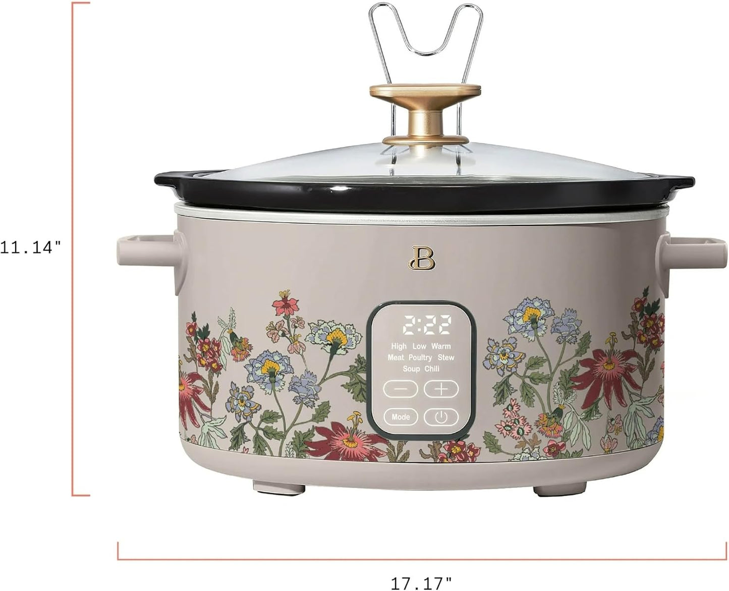 Beautiful 6 Qt Programmable Slow Cooker by Drew Barrymore - 5 Preset Cooking Functions, Digital Countdown Timer, Dishwasher-Safe Parts, and Cool-Touch Handles (Wildflower Porcini Taupe.)