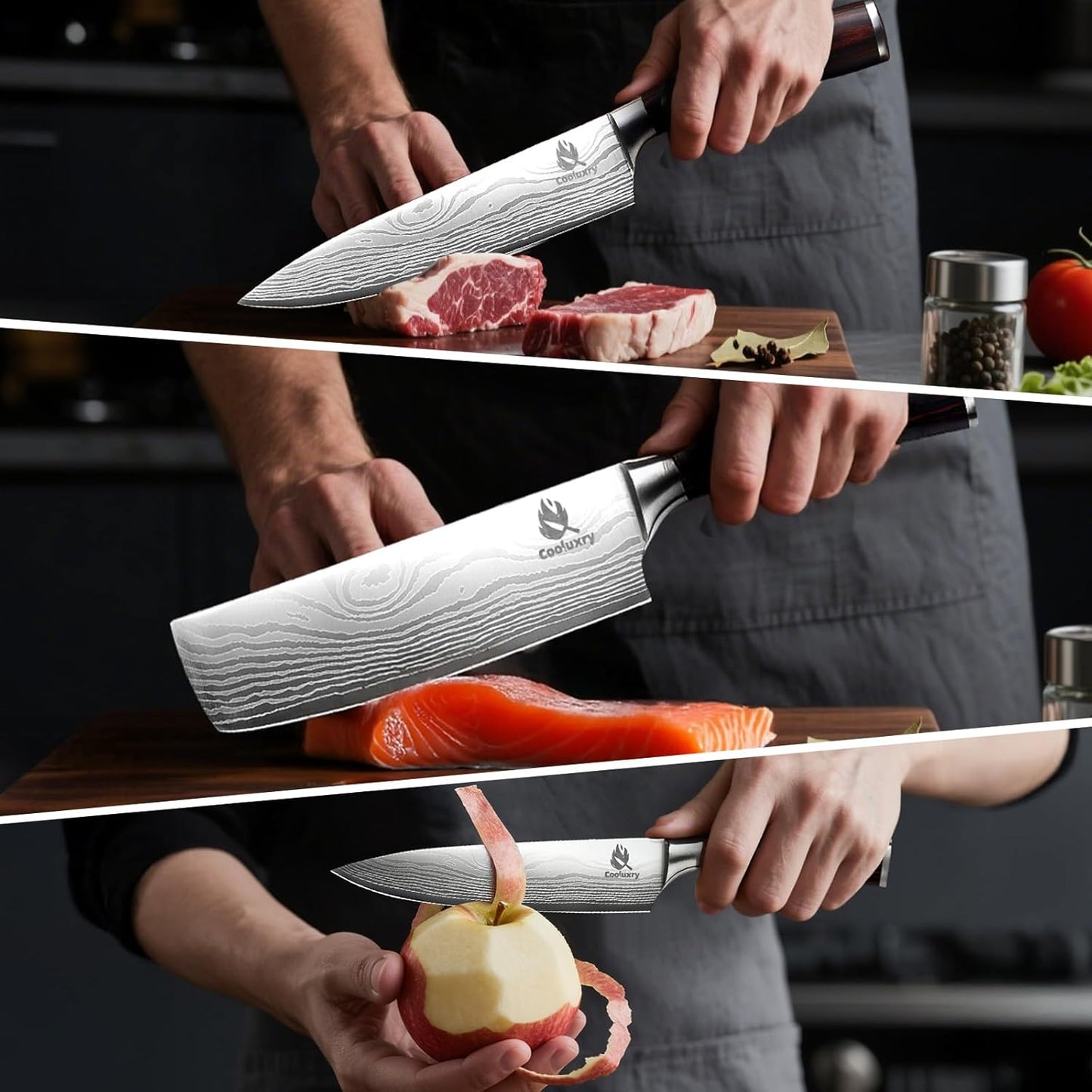 3-Piece Kitchen Knife Set, Chef Knife, Utility Knife & Paring Knife for Precise Cutting, 3 Piece High Carbon Stainless Steel Professional Chef Knife Set with Wooden Handle, Ultra Sharp Blade