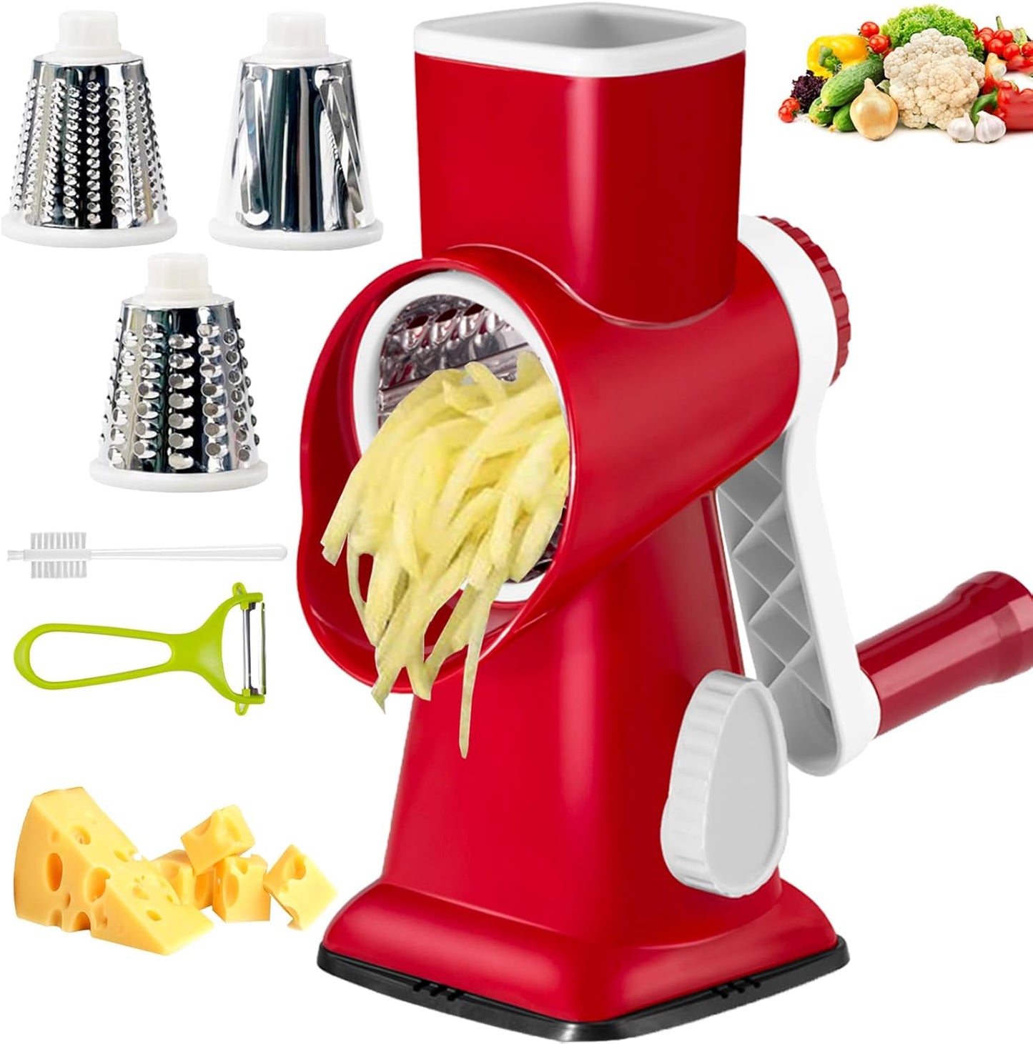 Cheese Grater with Handle, Multifunctional Manual Rotary Cheese Grater - Cheese Shredder Easily Chop Carrots, Potatoes, Vegetables and Fruits and Easy to Clean(red)