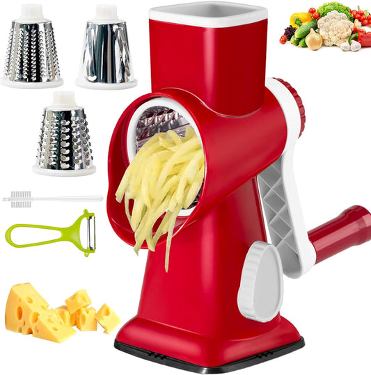 Cheese Grater with Handle, Multifunctional Manual Rotary Cheese Grater - Cheese Shredder Easily Chop Carrots, Potatoes, Vegetables and Fruits and Easy to Clean(red)
