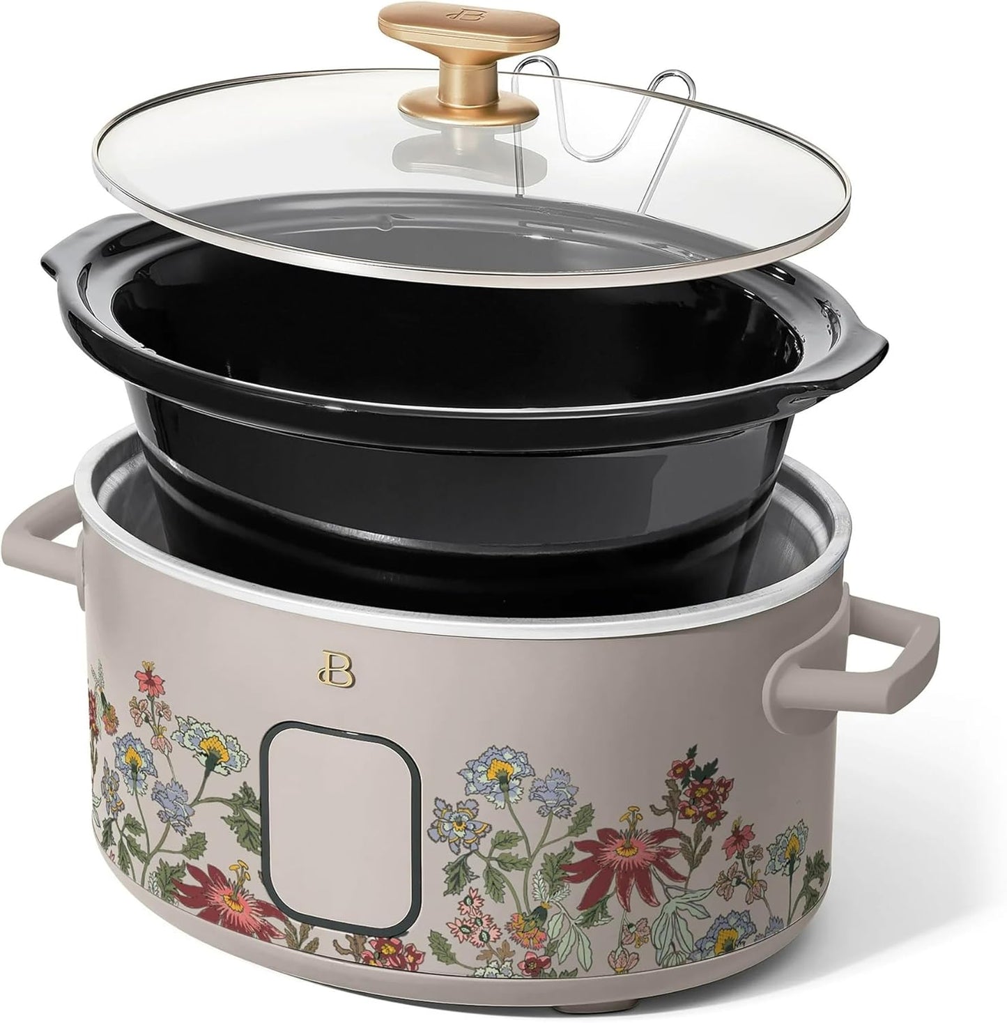 Beautiful 6 Qt Programmable Slow Cooker by Drew Barrymore - 5 Preset Cooking Functions, Digital Countdown Timer, Dishwasher-Safe Parts, and Cool-Touch Handles (Wildflower Porcini Taupe.)