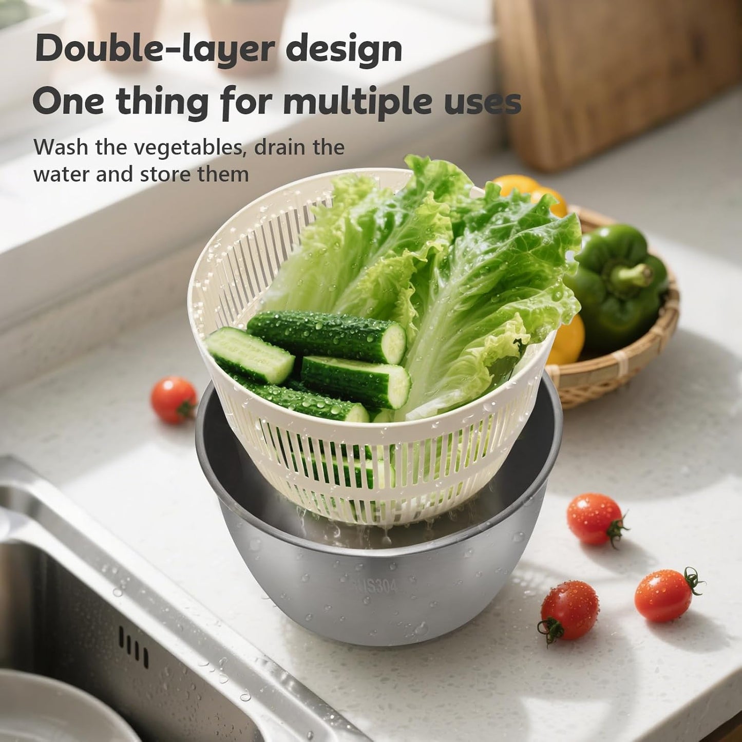 Salad Spinner Stainless Steel，Manual lettuce dryer With lid, basin, drain frame and non-slip base,lettuce spinner with Quick Spin,Spaghetti & Chip Strainer BPA Free,Easy Clean,5qt