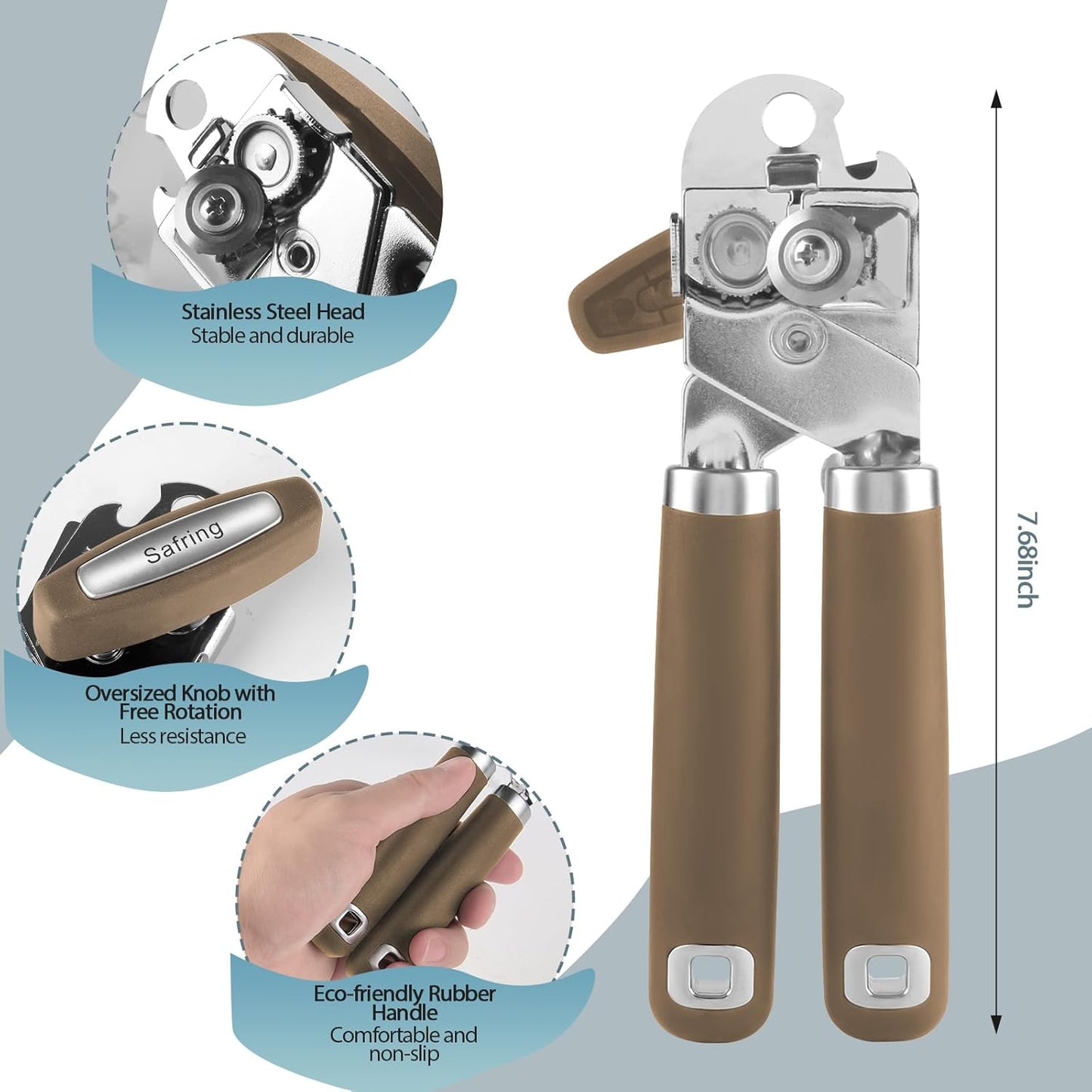 Can Opener Manual, Heavy Duty Handheld Strong Can Opener with Soft Touch Handle, Sharp Blade Smooth Edge, Can Openers with Multifunctional Bottle Opener, Coffee