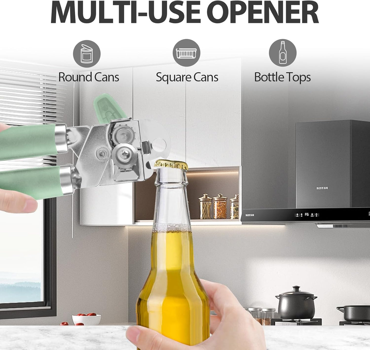 Can Opener Manual, Heavy Duty Handheld Strong Can Opener with Soft Touch Handle, Sharp Blade Smooth Edge, Can Openers with Multifunctional Bottle Opener, Mint