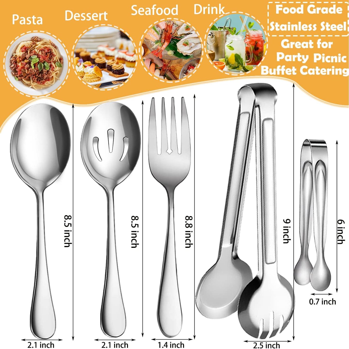 10 PCS Stainless Steel Serving Utensils, Large Serving Spoons Slotted Spoons, Serving Forks, Serving Tongs, Ice Suger Tongs, Metal Utensils Set Great for Buffet Catering Banquet Party (silver)