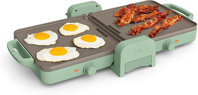 Bella 10"x 20" Ceramic Fold-n-Store Dual Temp Griddle, Fits-anywhere™ Kitchenware, EverGood Ceramic Nonstick Coating, 2 Temperature Zones up to 400°F, Dishwasher Safe Drip Tray, 1500 Watt, Seaglass