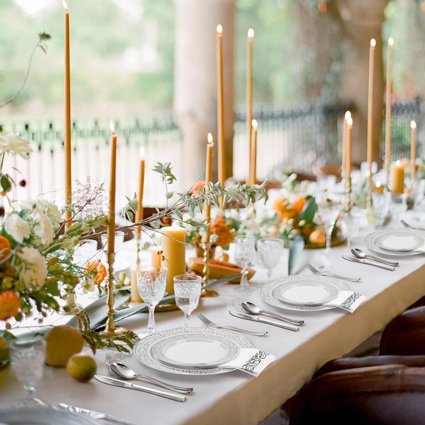 175PCS Silver Plastic Dinnerware Set for 25 Guests, Disposable Plates for Party, Wedding, Include 25 Dinner Plates, 25 Dessert Plates, 25 Set Silver Silverware, 25 Cups, 25 Napkins