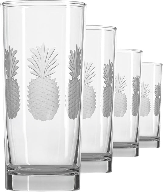 Rolf Glass Fresh Pineapple Highball Glass | 15oz Cooler Glasses | Lead-Free and Diamond-Wheel Engraved | Heavy Base, Thick Glass | Made in the USA | Tropical Etched Pineapple | Set of 4