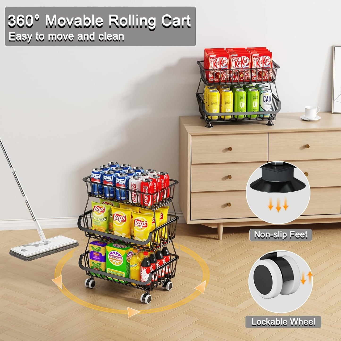 3-Tier Rolling Pantry Floor Organizer, Stackable Pantry Storage Cart with Wheels, Metal Wire Snack Organizers, Kitchen Fruit Basket Stand, Vegetable Storage Rack for Onion Potato Snacks, Black, 2 Pack