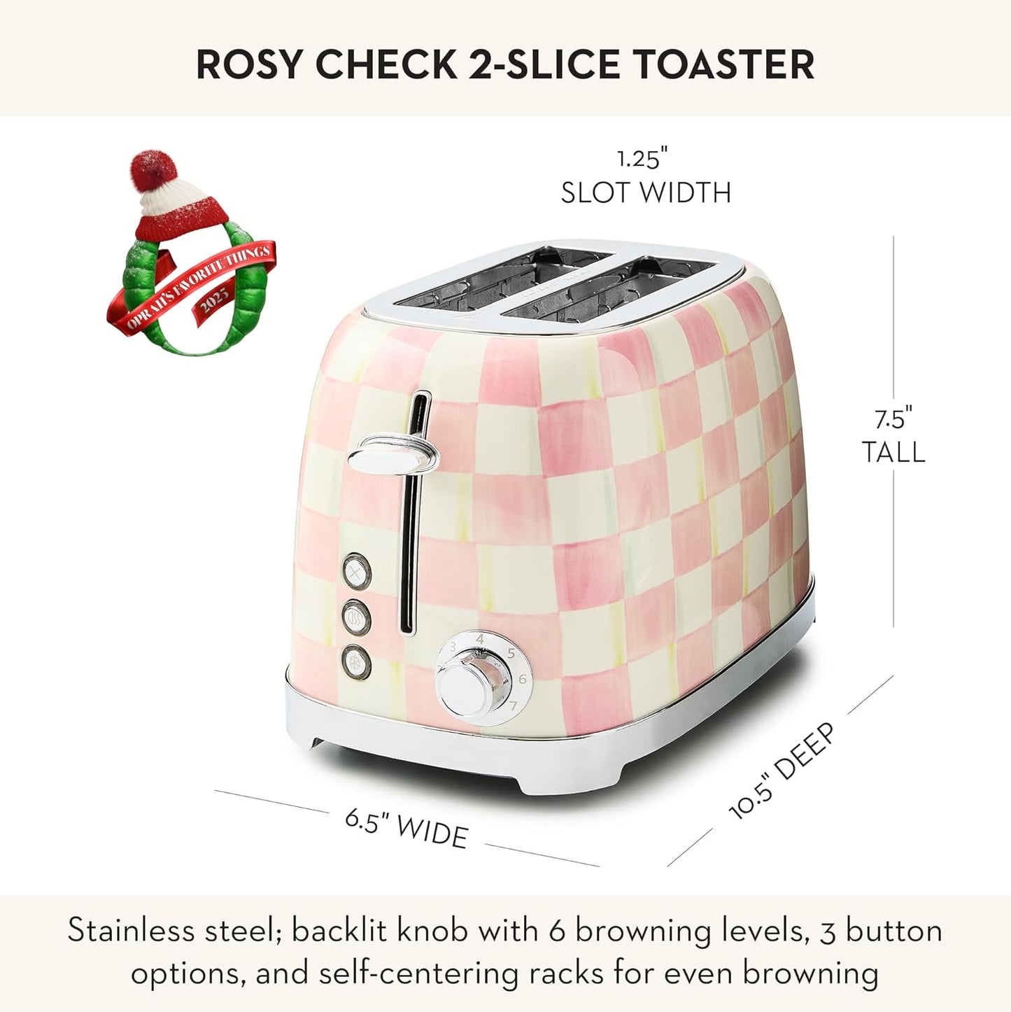 MACKENZIE-CHILDS 2-Slice Toaster, Decorative Toaster for Kitchen, Pink-and-White Rosy Check