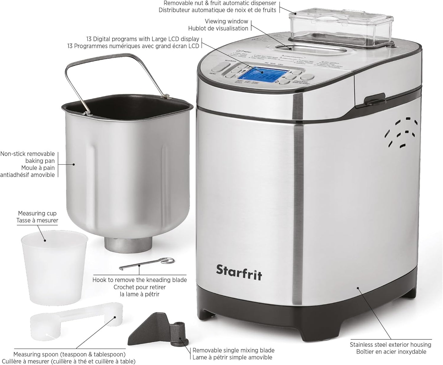 Starfrit Electric Bread Maker - 2lb Loafs - Non-Stick Removable Pan - Automatic Nut Dispenser - 13 Preset Programs - 550W