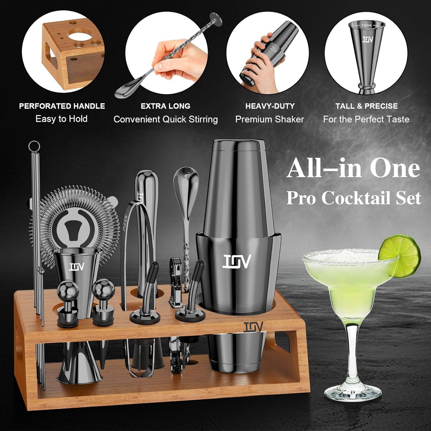 IOV Mixology Bartender Kit Bar Set with Stand | 17-Piece Cocktail Shaker Set | 28oz Boston Shaker Drink Mixer Set with All Essential Accessory Tools | Fun Housewarming Gift (Black)