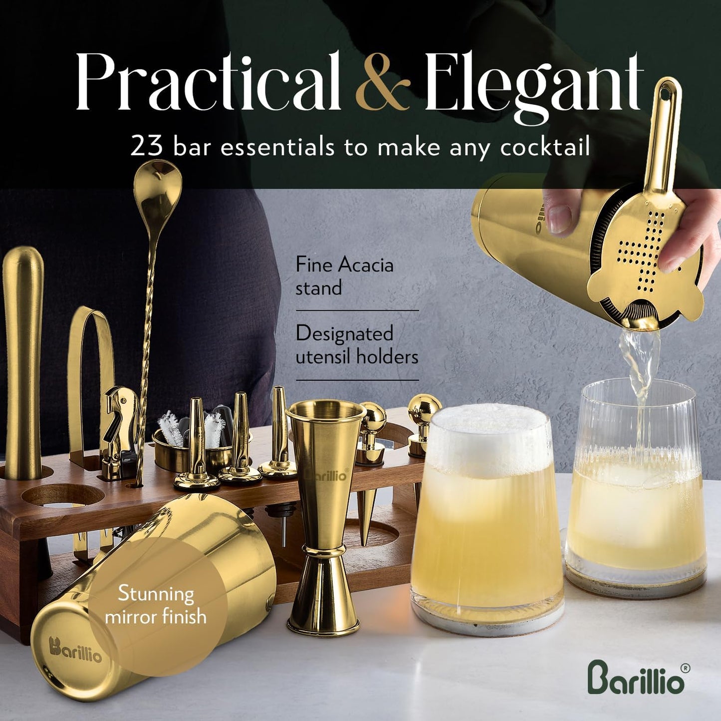 Barillio Gold Bartender Kit – 23-Piece Stainless-Steel Cocktail Shaker Set with Premium Acacia Stand | Martini Barware Mixing Tools for Home Bartending | Gift Set