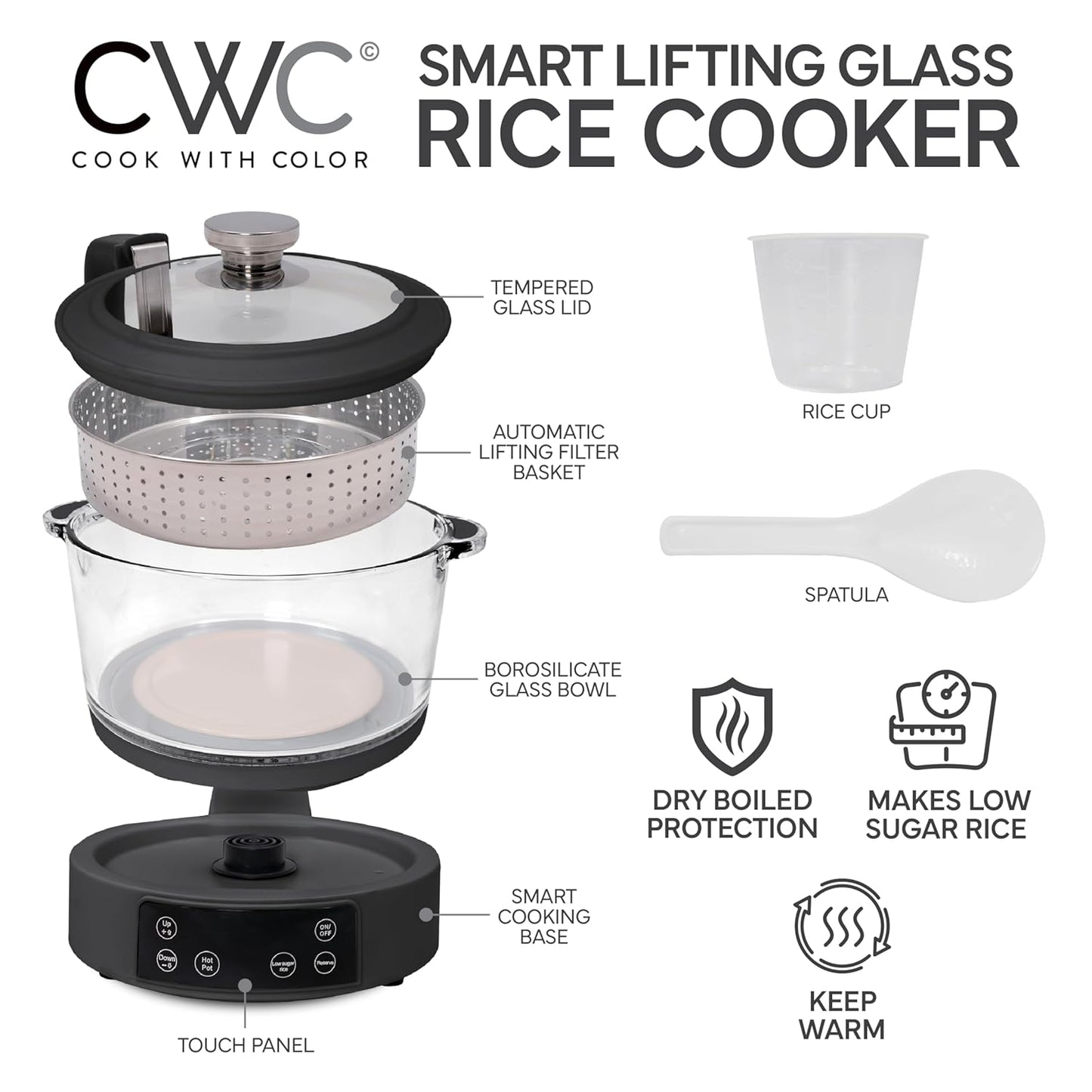 COOK WITH COLOR 3L Glass Low Carb Rice Cooker - Makes 6 Cups Cooked Low Sugar Rice with Auto Lift Filter Basket, Hotpot & Steamer for Rice, Grains and Oats, Digital Panel with Keep Warm, Black