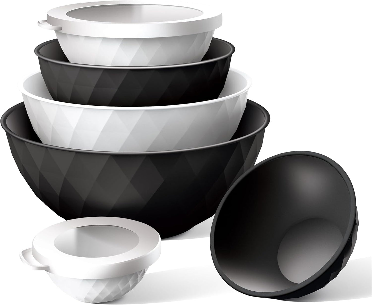 COOK WITH COLOR Mixing Bowls with Lids - 12 Piece Plastic Nesting Bowls Set includes 6 Prep Bowls and 6 Lids, Diamond Design - Microwave Safe, Black and White