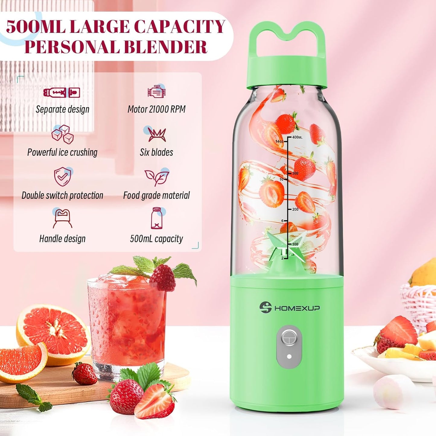 Portable 14OZ Juicer， High-Powered at 175W for Smoothies, Ice Blending, Juicing, and Food Processing ， Compact, Convenient, and Versatile (Green)