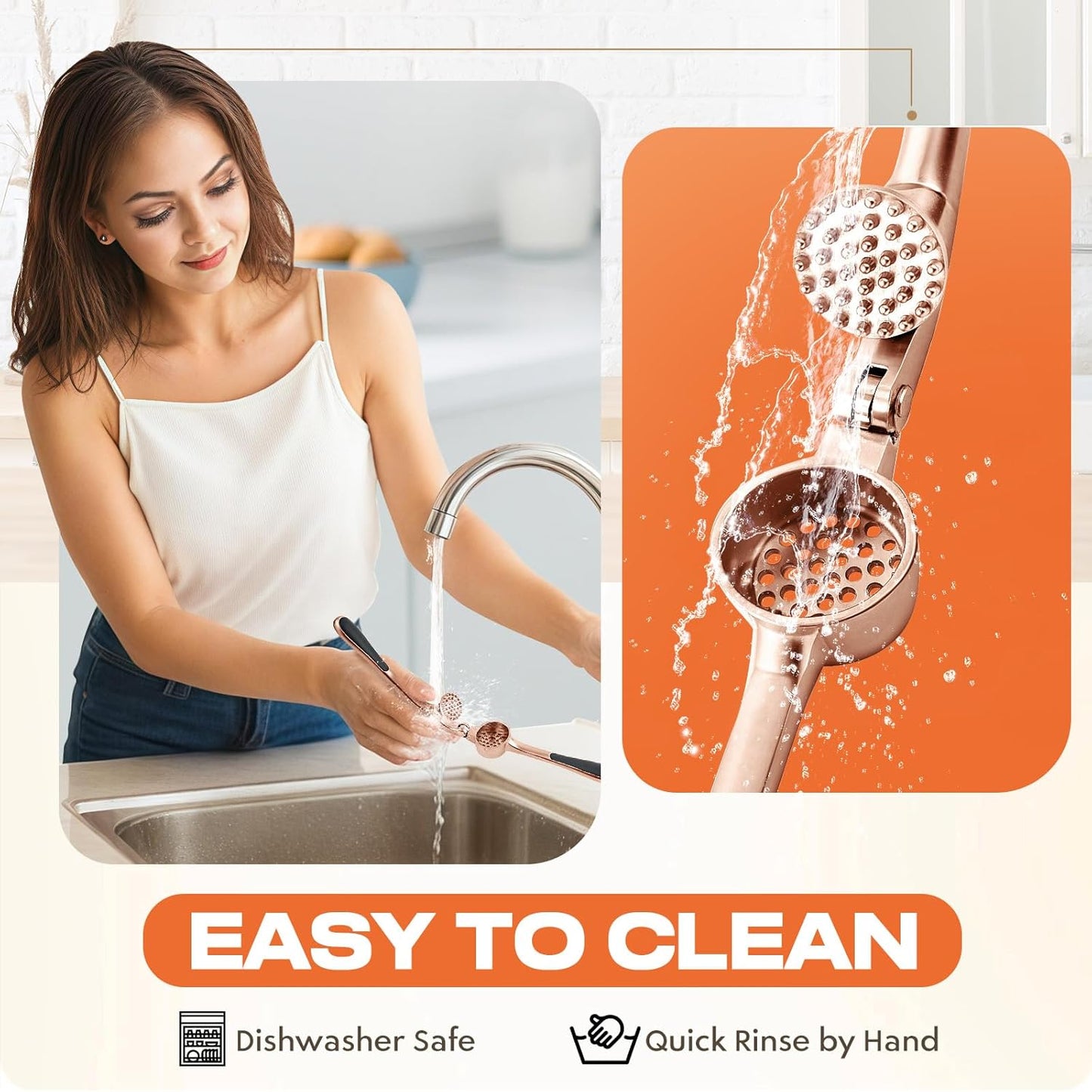 Kitchen Garlic Press, Rust Proof & Dishwasher Safe Garlic Mincer, Durable Garlic Crusher Set with Peeler＆Brush, Easy to Clean and Squeeze, Copper