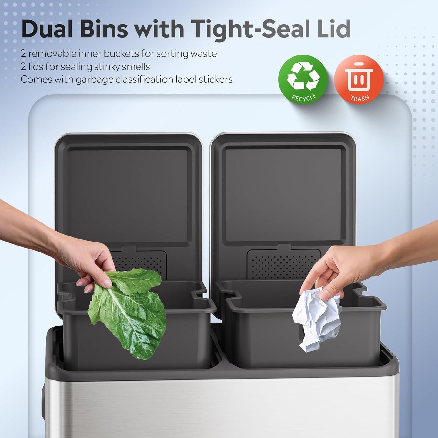 WLIVE 2 x 8 Gallon Dual Compartment Trash Can Stainless Steel, Pet-Proof Double Garbage Can Kitchen with Lid, Inner Buckets and Deodorizing Filter Box, Trash and Recycle Bin Combo, Silver