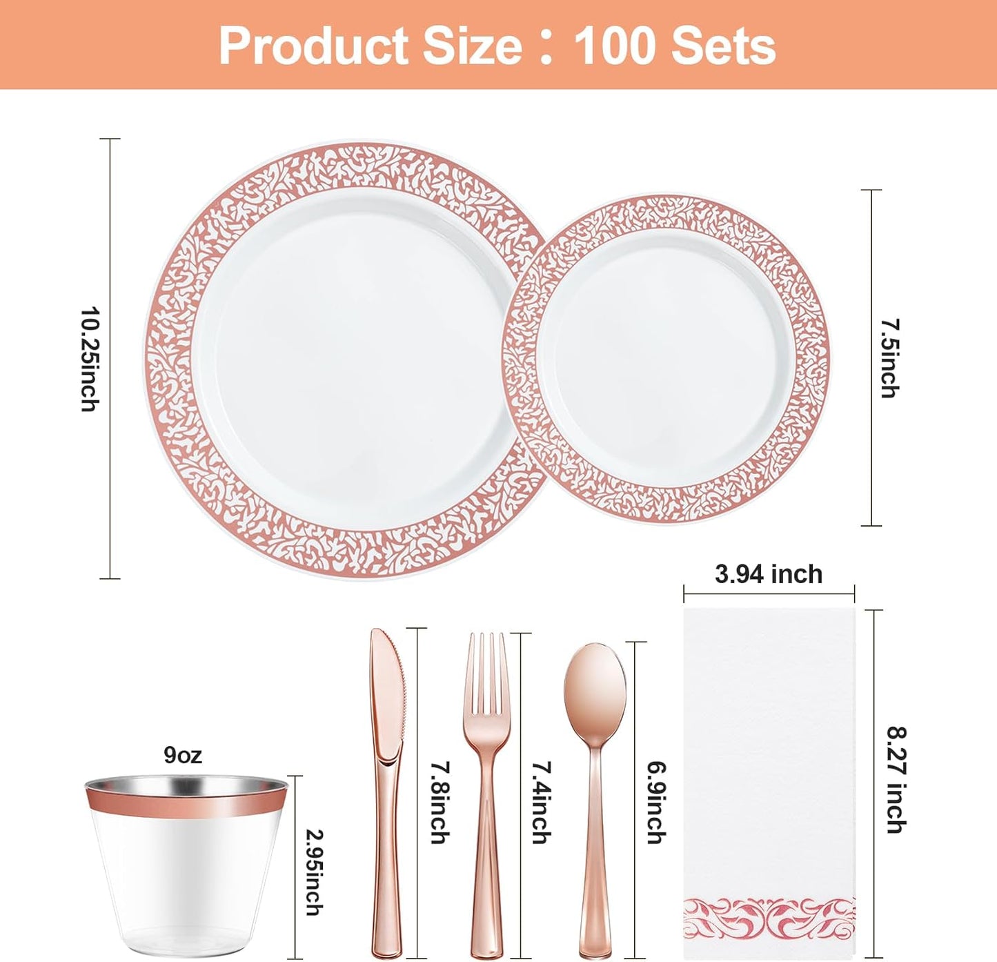 700PCS Rose Gold Plastic Dinnerware Set for 100 Guests, Disposable Plates for Party, Wedding, Include 100 Rose Dinner Plates, 100 Dessert Plates, 100 Set Silverware, 100 Cups, 100 Napkins