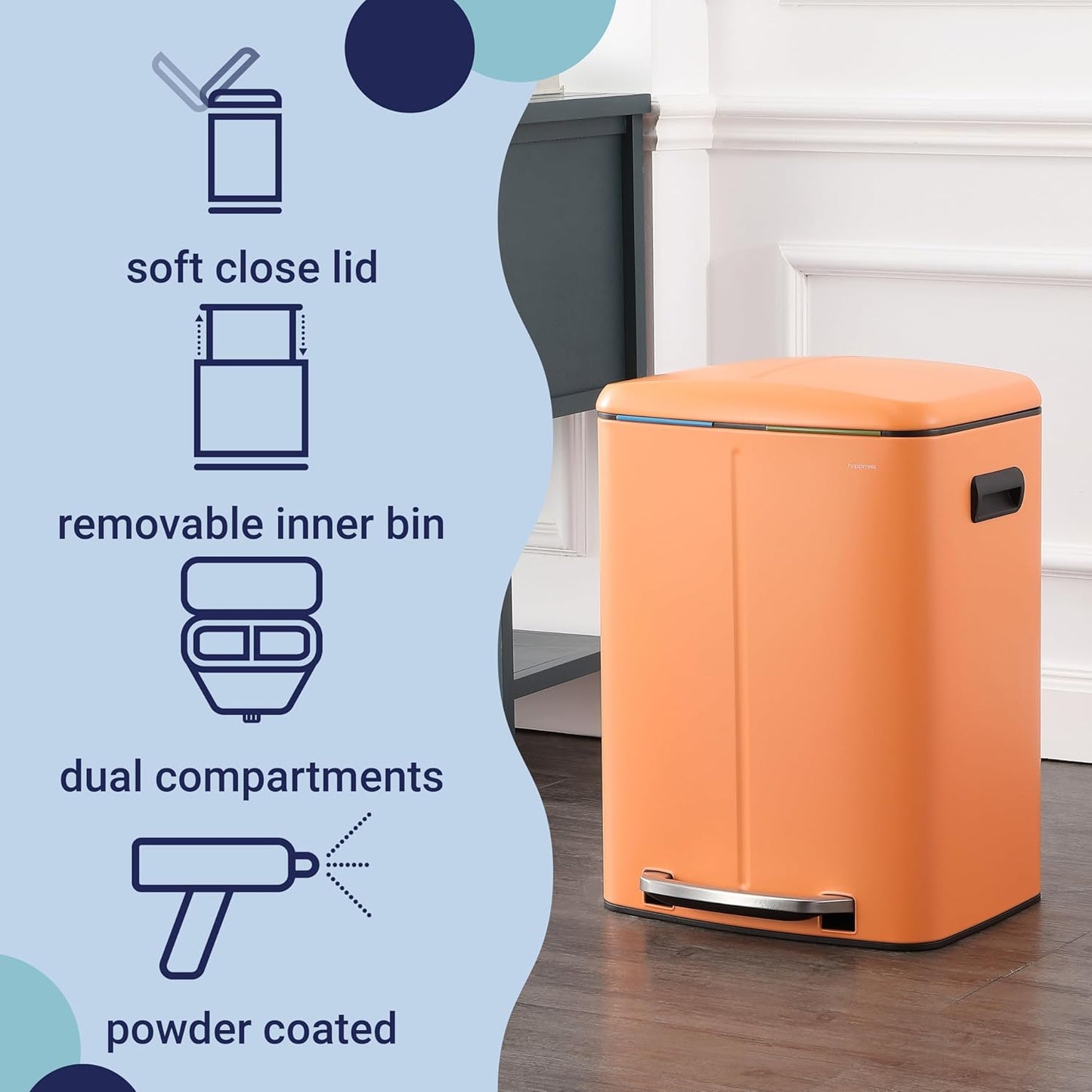 happimess HPM1005K Marco Rectangular 10.6-Gallon Double Bucket Trash Can with Soft-Close Lid, Carrot Cake, Fingerprint Resistant, Modern, Minimalistic for Home, Kitchen, Office, Bedroom, Bathroom