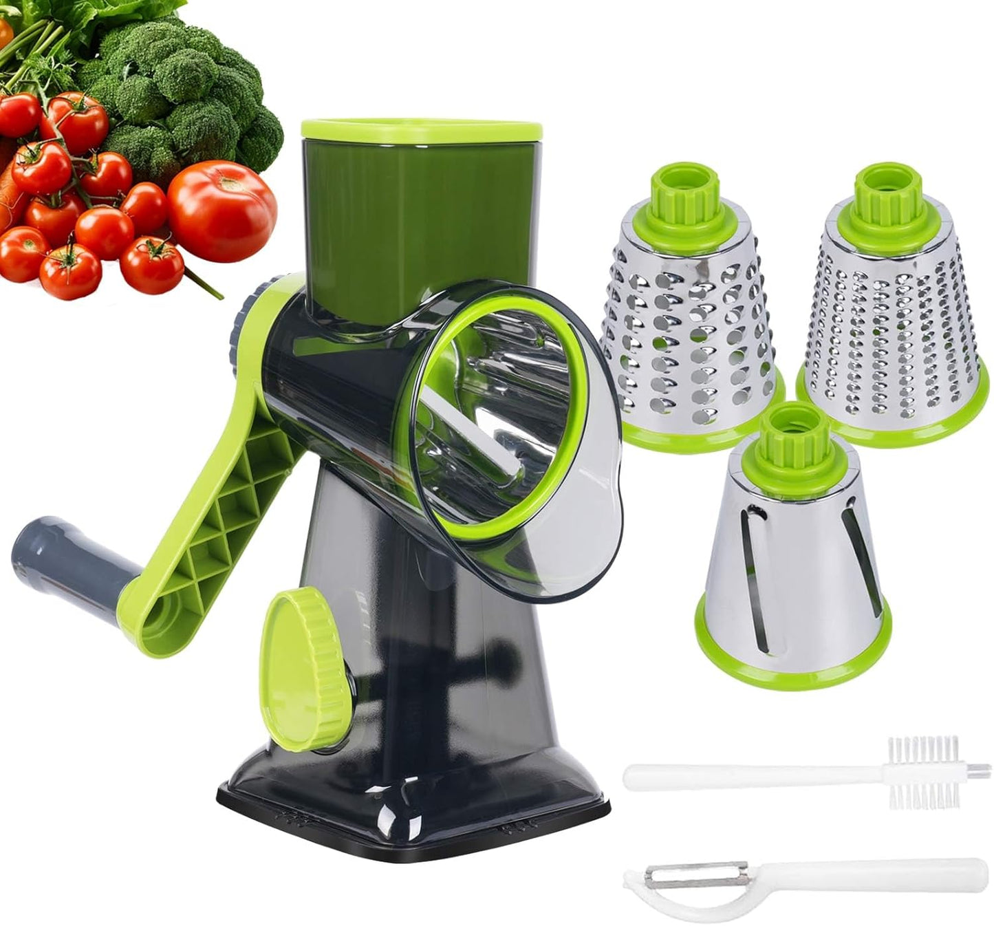 Rotary Cheese Grater with 3 Stainless Steel Blades, Hand Crank Vegetable Slicer, Suction Base, Green