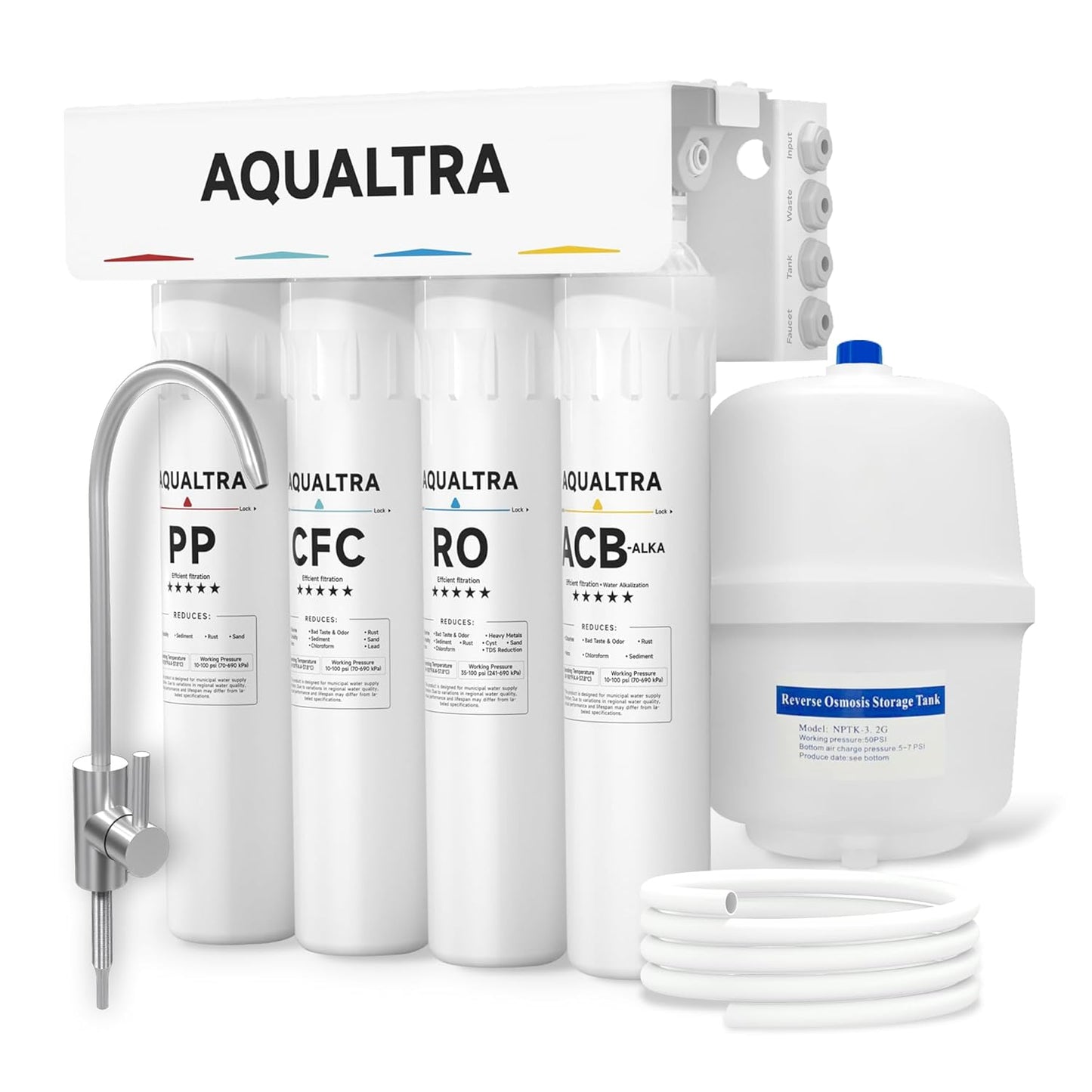 AQUALTRA USF-4RF-100 100 GPD Alkaline Reverse Osmosis System 3: 1 Pure to Drain Under Sink Water Filtration System with Dedicated Faucet