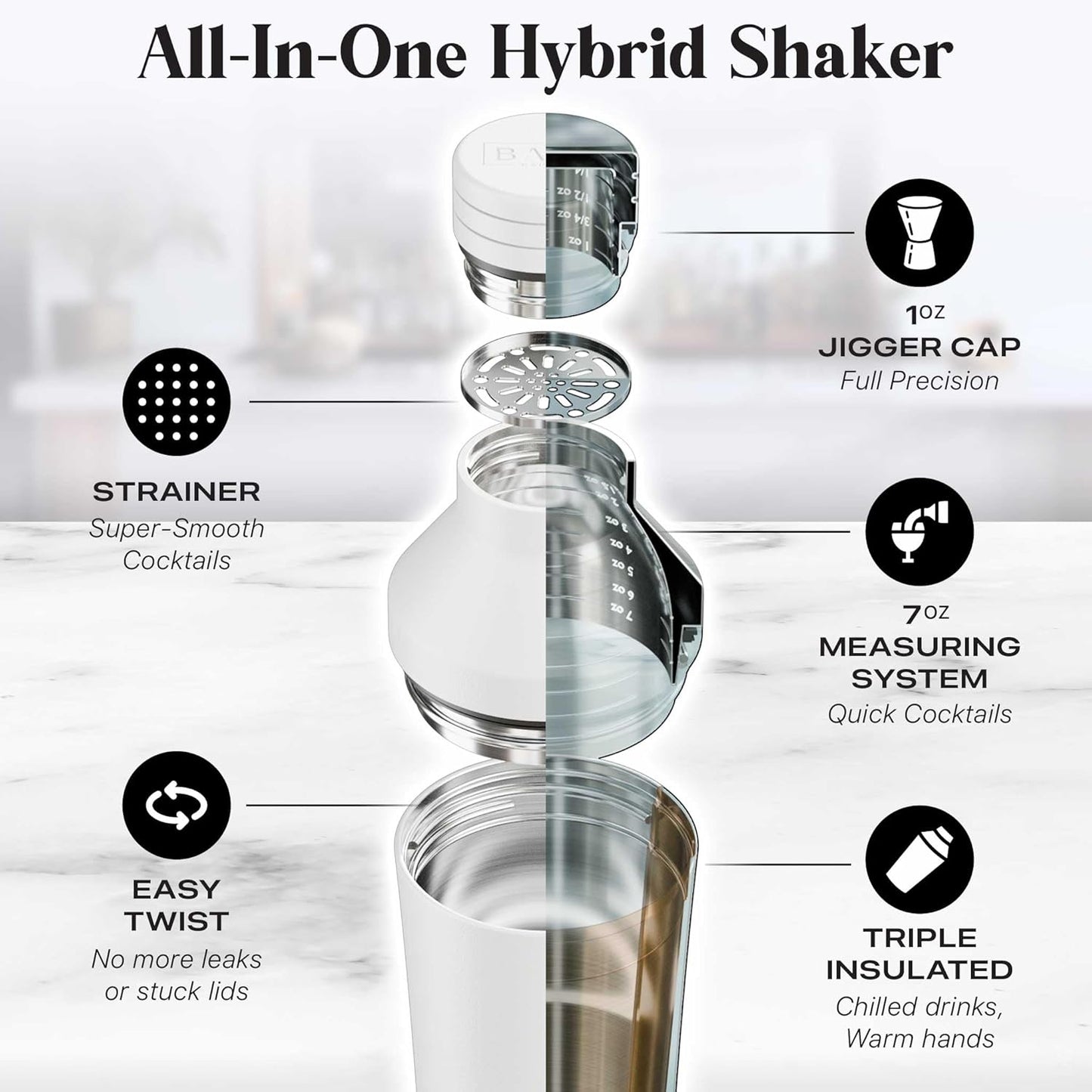 Insulated Cocktail Shaker Set | Double Wall Stainless Steel | Martini Shaker for Home Bar Bartending | Built-in Drink Measurement System & Strainer, Travel Bag, 35 Recipes | Gift Set (Matt White)