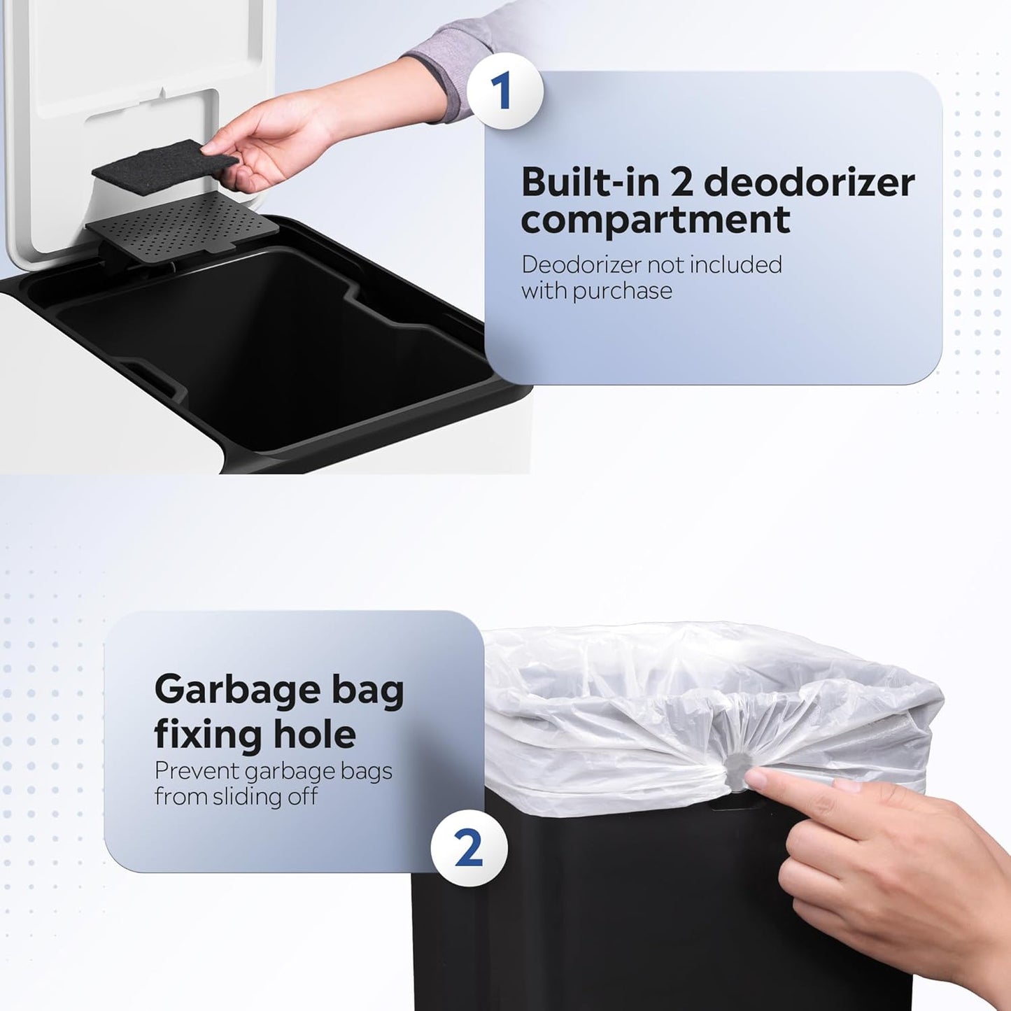 WLIVE 2 x 8 Gallon Stainless Steel Dual Trash Can, Double Trash Can Kitchen with Soft-Close Lid, Trash and Recycle Bin Combo, Kitchen Garbage Can with Deodorizing Filter Box and Inner Buckets, White