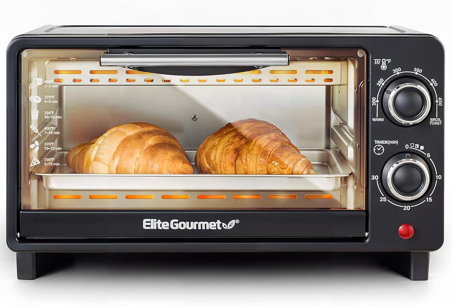 Elite Gourmet ETO490 9L/4 Slice Countertop Toaster Oven with 30-Minute Timer, Adjustable Temperature Control, Includes Baking Pan and Wire Rack, Bake, Broil, Toast, Black