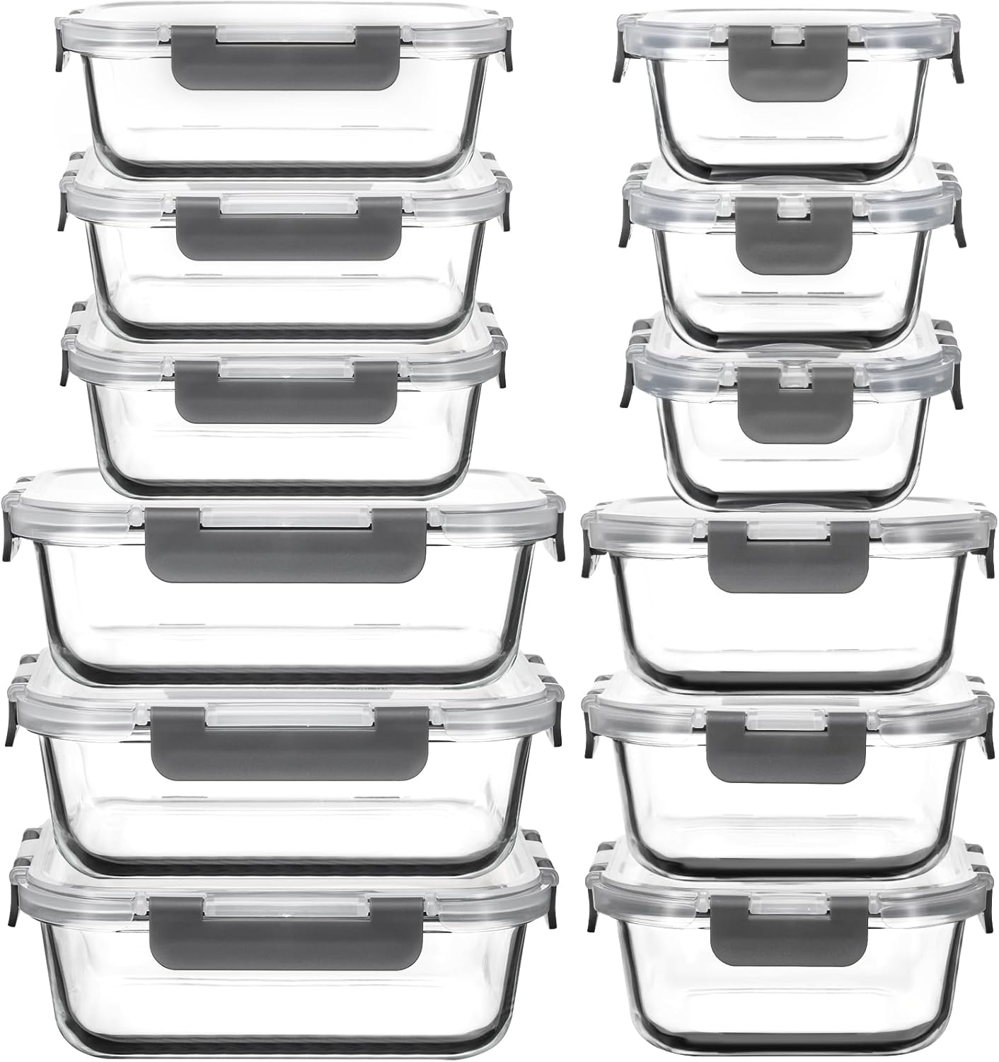 12 Pack Glass Food Storage Containers with Lids, Glass Meal Prep Containers Set with Leak Proof Lids, Airtight Lunch Container for Kitchen, Microwave, Oven, Freezer, Dishwasher Safe, Bpa free