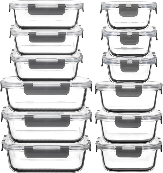 12 Pack Glass Food Storage Containers with Lids, Glass Meal Prep Containers Set with Leak Proof Lids, Airtight Lunch Container for Kitchen, Microwave, Oven, Freezer, Dishwasher Safe, Bpa free