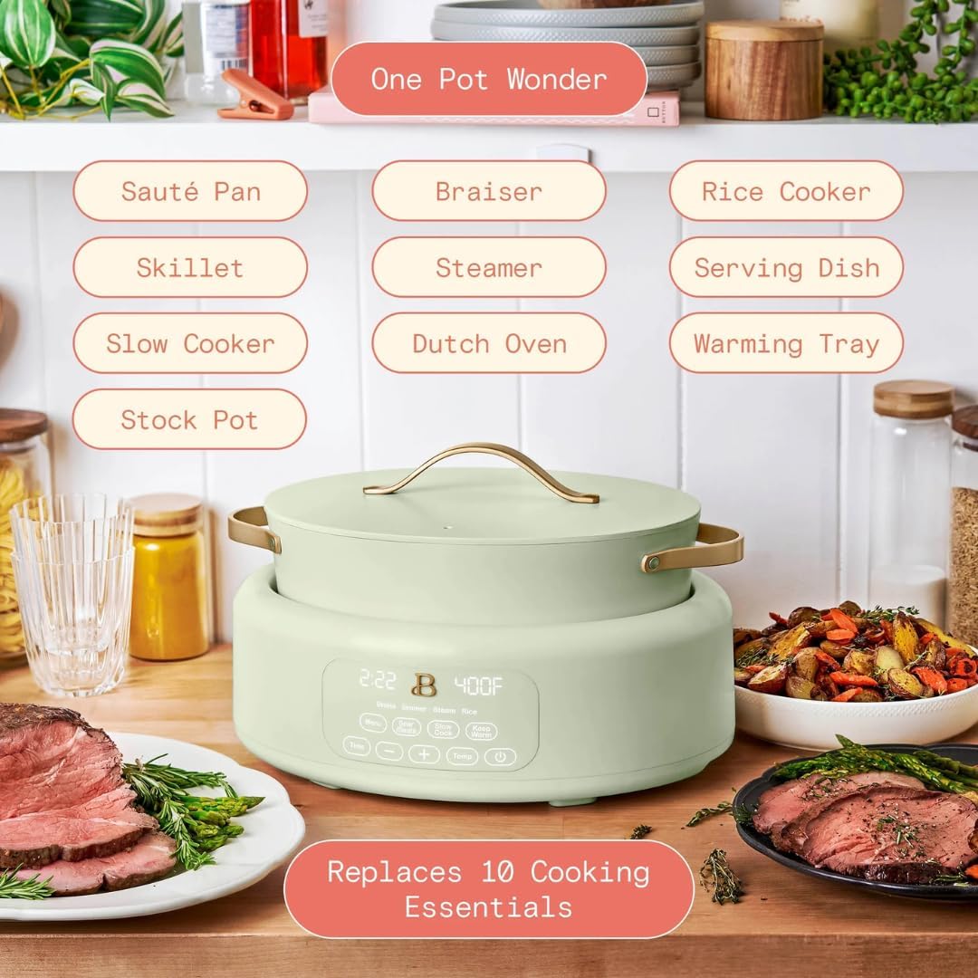 Beautiful 10-in-1 Electric Multi-Cooker by Drew Barrymore, 6-quart, digital display, 10 cooking functions, non-stick pot, easy one-touch control (Sage Green)