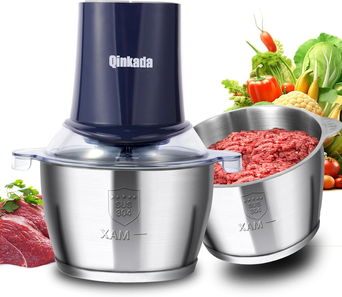 Food Processors with 2 Bowls, 400 W Meat Grinder, Food Chopper Electric, 2 Speed, 2 Pcs 8 Cup 304 Stainless Steel Bowls, 2 Blade and Spatula (Blue 2)