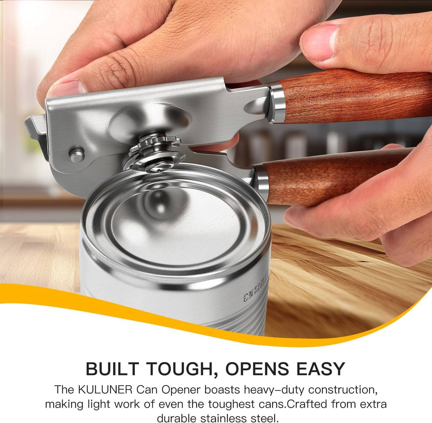 Upgraded Efficient Manual Can Opener - Selected Solid Wood Handle, Sharp and Smooth Blade Edge, Portable Design, Easy-Open Large Knob, Versatile for Various Bottle Caps（Rosewood）