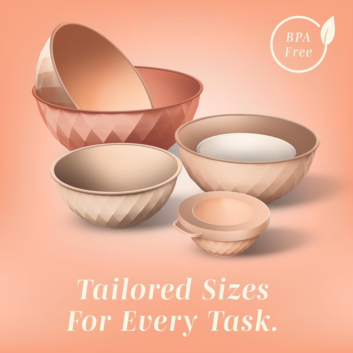 COOK WITH COLOR Mixing Bowls with Lids - 12 Piece Plastic Nesting Bowls Set includes 6 Prep Bowls and 6 Lids, Diamond Design - Microwave Safe, Orange