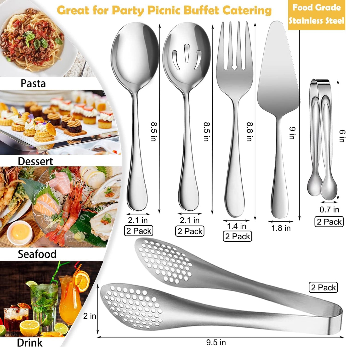 11 PCS Serving Utensils, Large Stainless Steel Spoons Forks Tongs, Pie Server, Great for Hostess Buffet Catering Banquet Party, Silver