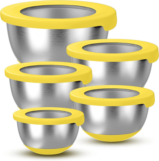 Stainless Steel Mixing Bowls with Lids – Set of 5 Large Nesting Metal Bowls for Kitchen, Baking, Cooking, Food Prep & Storage, Non-Slip Base, Dishwasher Safe,Yellow