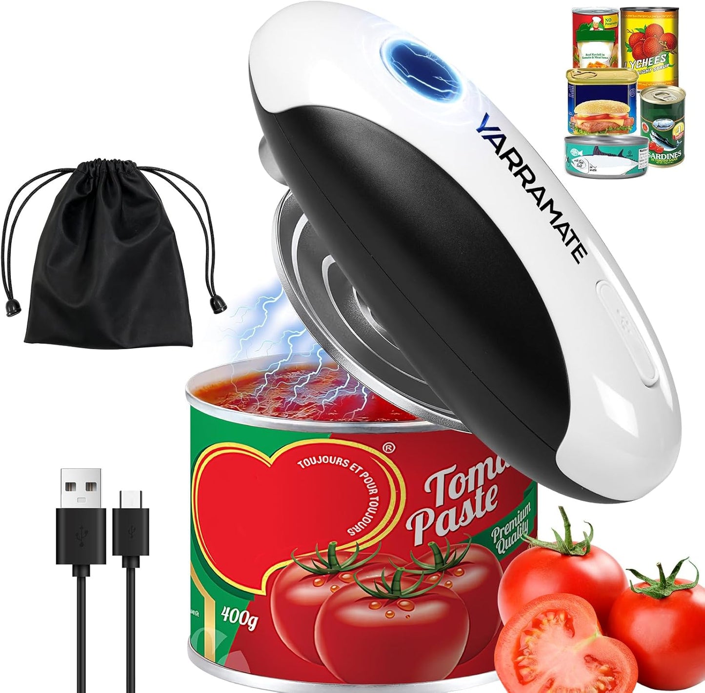 YARRAMATE Electric Can Opener, One Touch Rechargeable Automatic Can Openers for Kitchen Fits All Cans Sizes - Smooth Edge, Hands-Free for Seniors | With Storage Bag, Portable for Travel