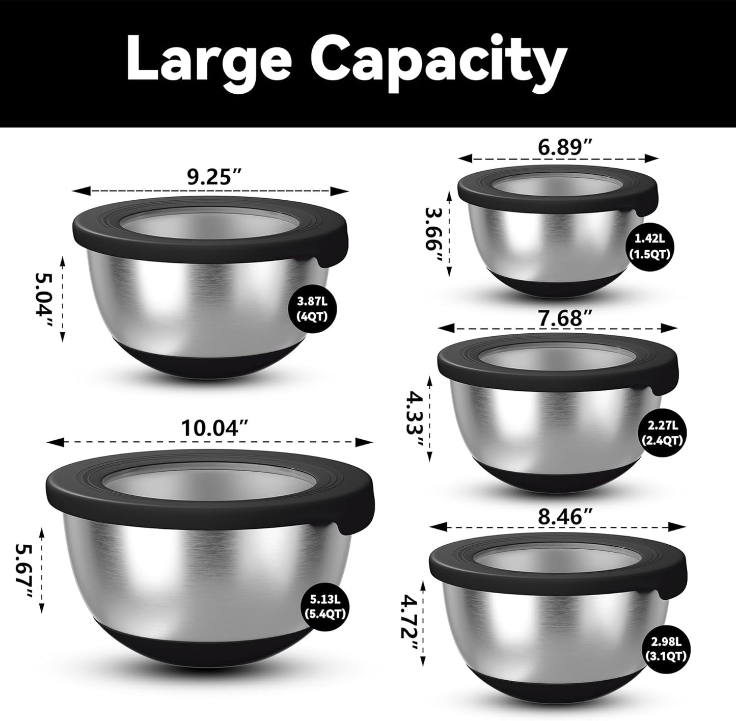 Stainless Steel Mixing Bowls with Lids – Set of 5 Large Nesting Metal Bowls for Kitchen, Baking, Cooking, Food Prep & Storage, Non-Slip Base, Dishwasher Safe,Black