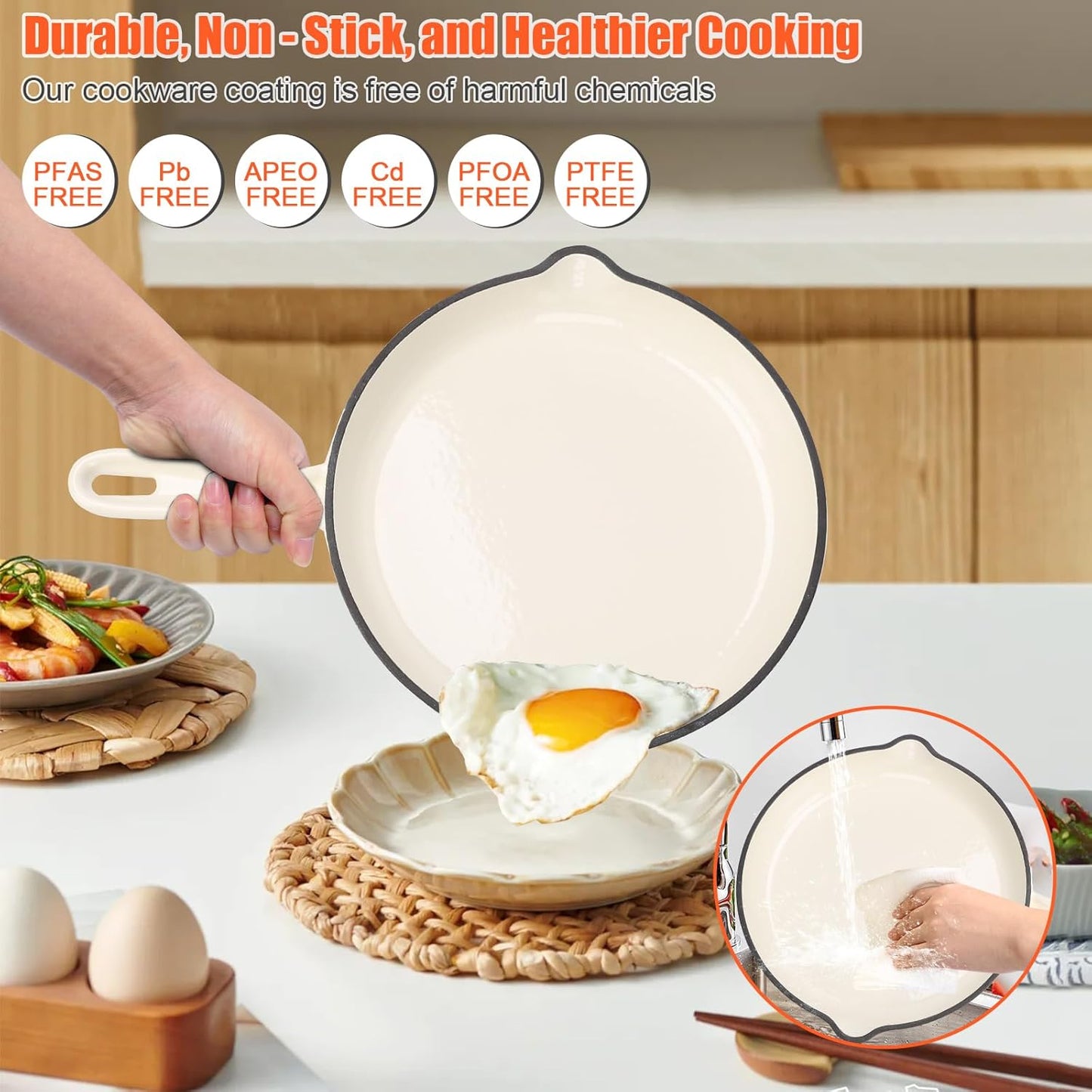 QuliMetal Nonstick Enameled Cast Iron Cookware Set, 7-Pcs Pots and Pans with Lid, Frying Pan Skillet, Sauce Pan, Healthy Round Dutch Oven Pot for Sourdough Bread Baking on All Stovetop, Cream White