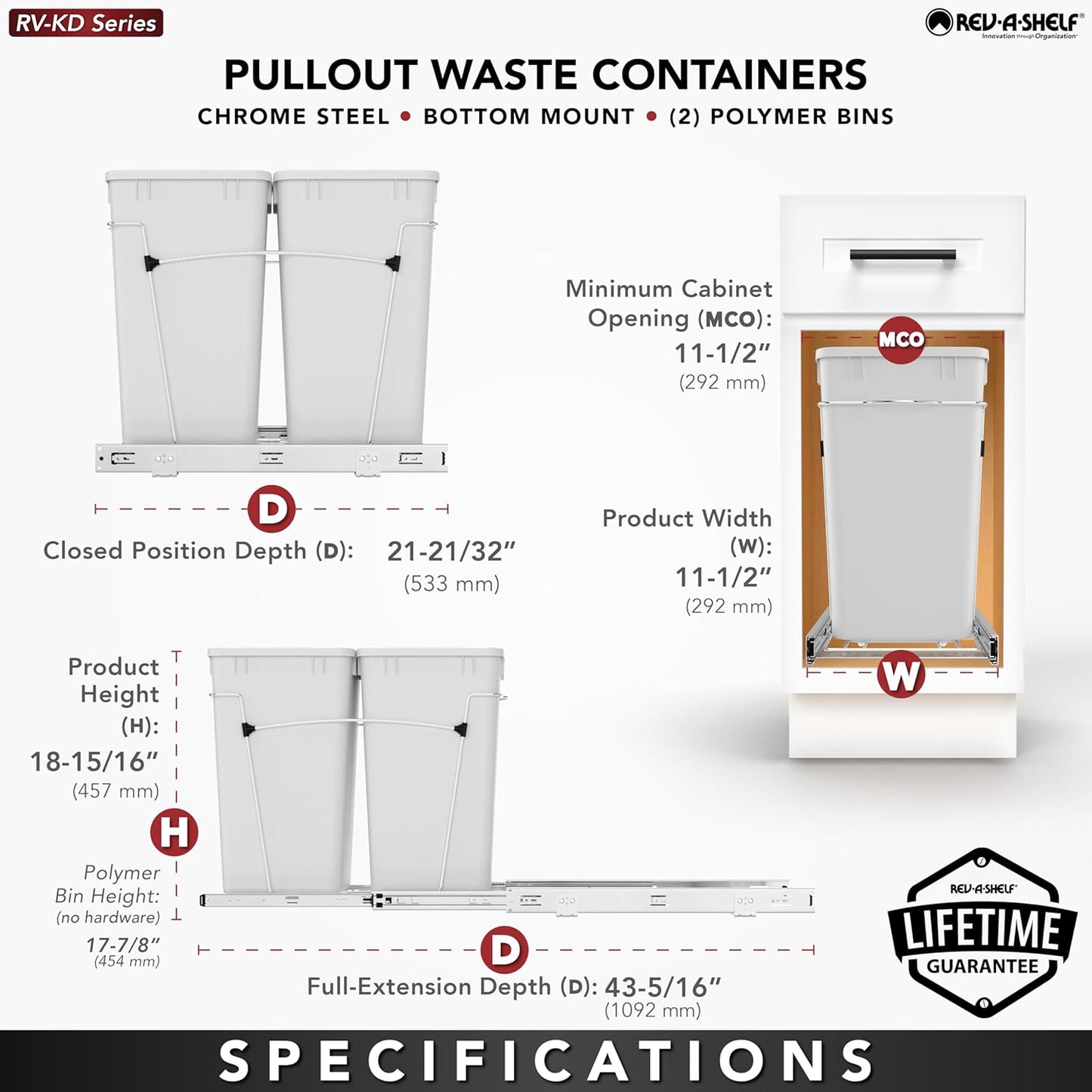 Rev-A-Shelf RV-18KD-2218C-S Double Pullout Trash Cans for Kitchen Cabinets 35 Quart Garbage Recycling Bin on Full Slides, Blue/Black