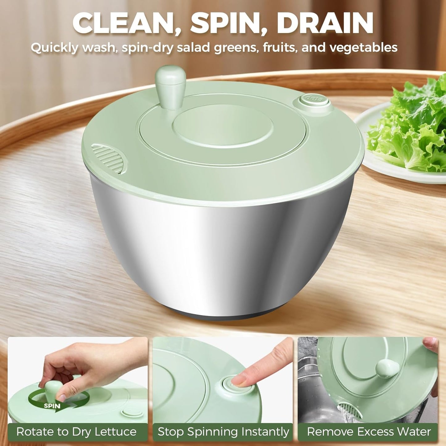 Airpro Stainless Steel Salad Spinner, Durable Lettuce Spinner with 5 Blade Slicer, Stop Button, Drainage Hole, Egg Yolk Strainer Shredder, Non-Slip Base, Vegetable Dryer, Fruit Washer, Dishwasher Safe
