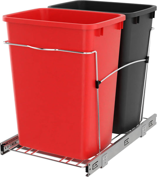 Rev-A-Shelf RV-18KD-1618C-S Double Pullout Trash Can for Kitchen Cabinets 35 Qt Garbage Recycling Bin on Full Extension Slides, Red/Black