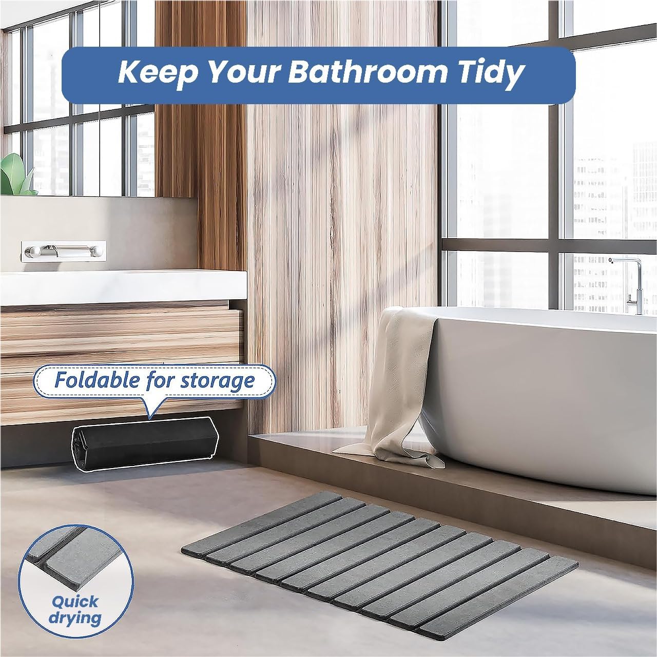 Large Stone Dish Drying Mat for Kitchen Counter 24”x16” Quick Dry & Super Absorbent Diatomaceous Earth Stone Drying Mat, Foldable, Sustainable Roll Away Dish Mat for Dishes, Bottles & Cups Gray