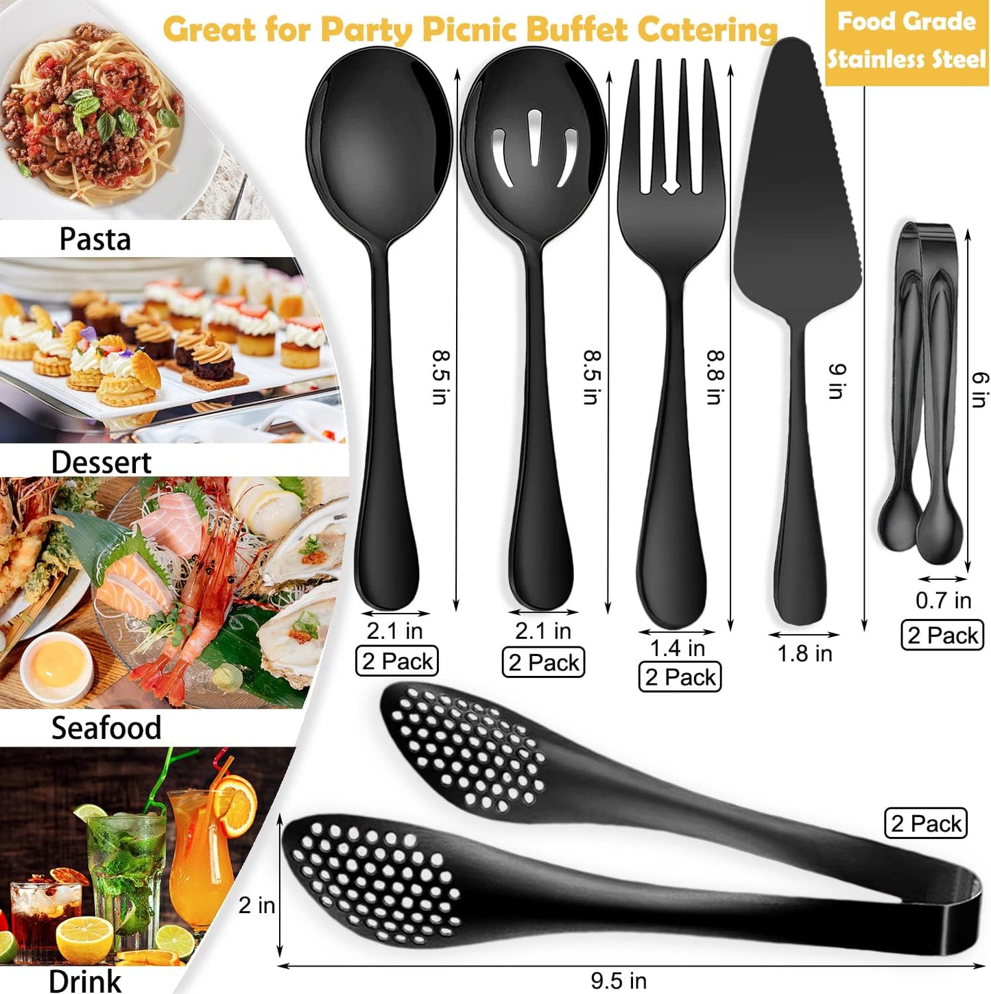 11 PCS Serving Utensils, Large Stainless Steel Spoons Forks Tongs, Pie Server, Great for Hostess Buffet Catering Banquet Party, Black