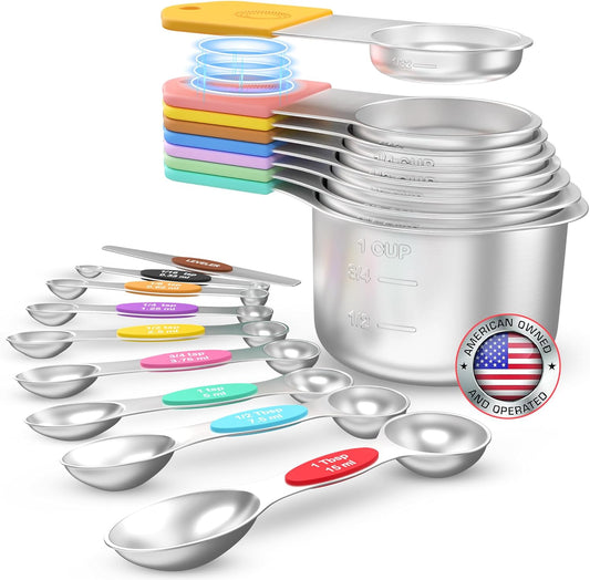 Magnetic Measuring Cups and Spoons Set of 17 - Stackable Stainless Steel Magnetic Measuring Spoons Set with Leveler - Dual Marking Scale Measuring Cup for Dry and Liquid Ingredients, Baking & Cooking