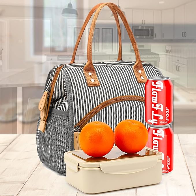 FlowFly Insulated Lunch Bag Wide-Open Lunch Box Large Tote Leakproof Cooler with Drink Holder and Multi Pockets for Women Men Adult Kids Work Picnic Travel Beach Hiking, White Black Stripes