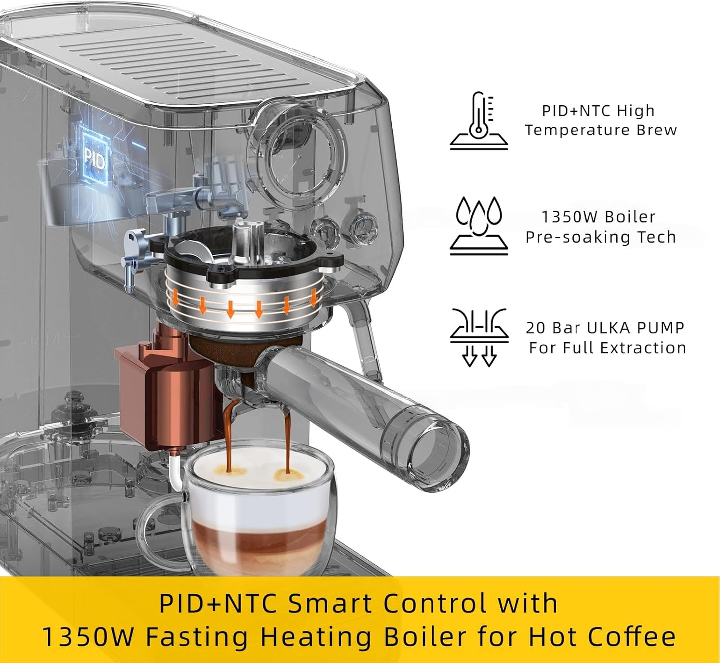 MAttinata CM1663 Espresso Machine, 20 Bar Compact Coffee Maker with Milk Frother Steam Wand for Cappuccino, Latte, Professional Pressure Gauge & 49oz Removable Water Tank for Home，Stainless Steel