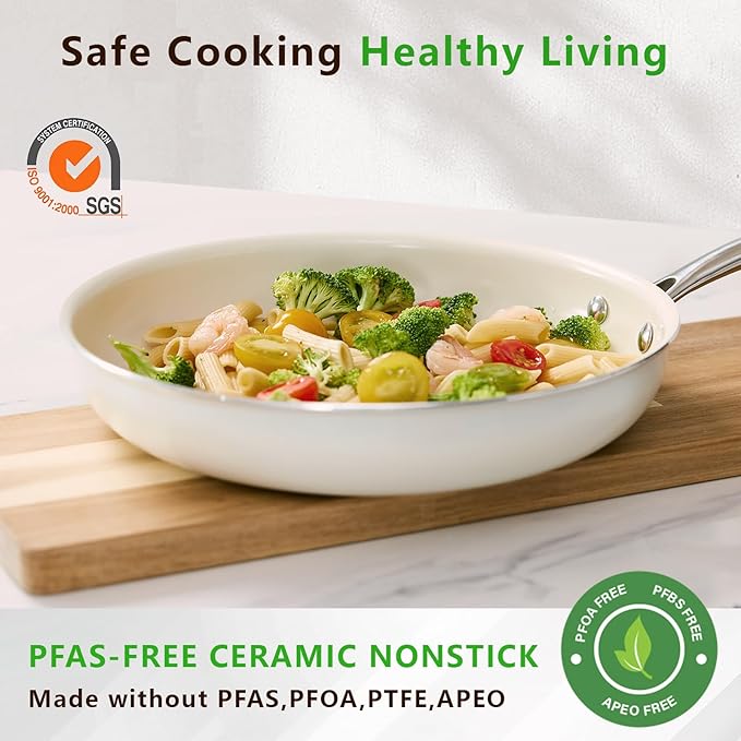 9.5" Ceramic Frying Pan Nonstick, Skillet, Cooking Pan Non Toxic with Stay Cool Handle for Induction, Chef's Pan, PTFE & PFAS & PFOA Free, Dishwasher/Oven Safe, White